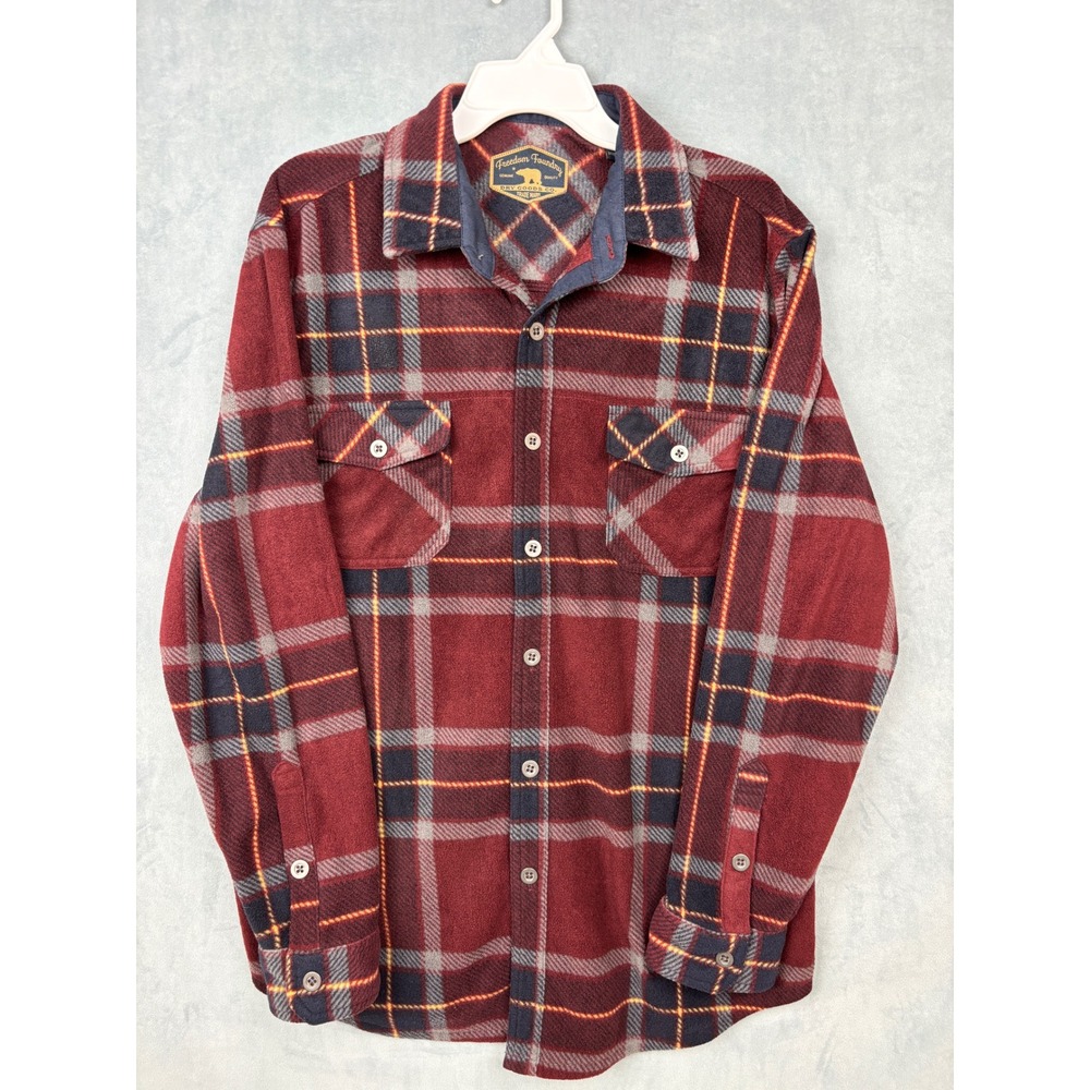 Freedom Foundry Mens Red Navy Plaid Fleece Button Down Shirt Jacket Large L